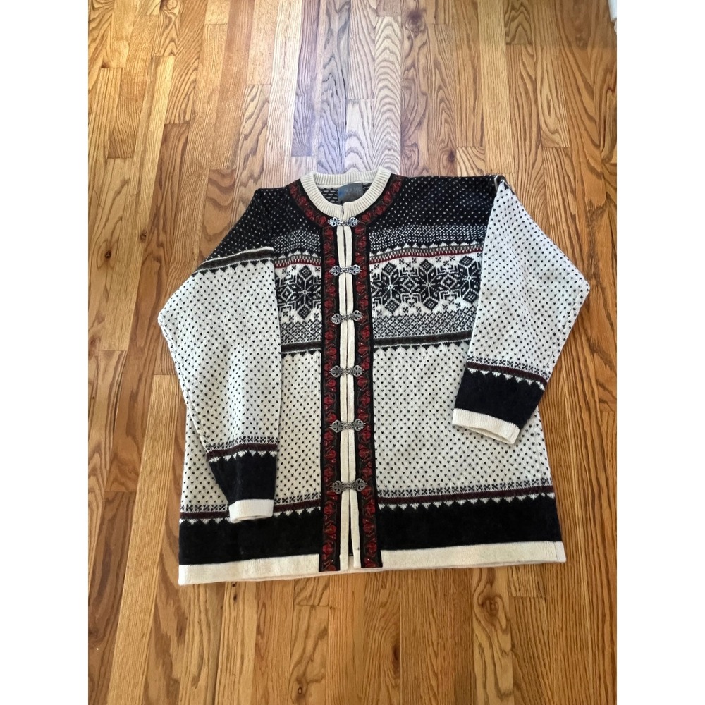 Squaw Valley Nordic Wool Cardigan Sweater Silver Clasps Fair Isle Black Cream L